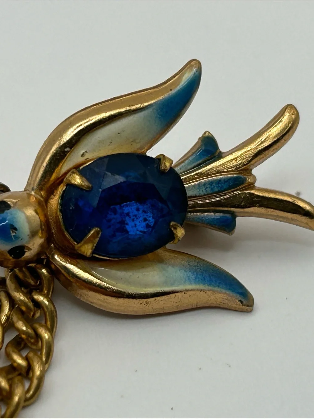 Vintage Coro Pegasus Blue Enamel Bird Chain Brooch - Elegant Blue Crystal Accent